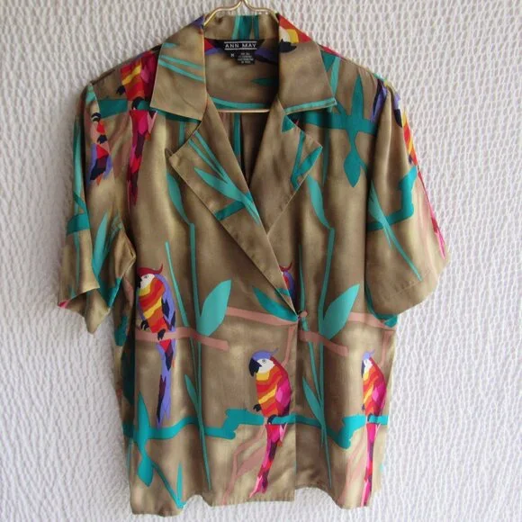 100% Silk Shirt Top Blouse M Vintage 80s Tropical Bird Parrots Ann May Wrap - Picture 6 of 11
